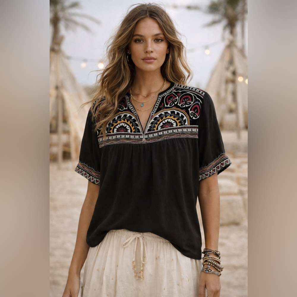 JOHHNY WAS WORKSHOP Silk Velvet Floral Embroidered V-Neck Flowy Boho Tunic Top M